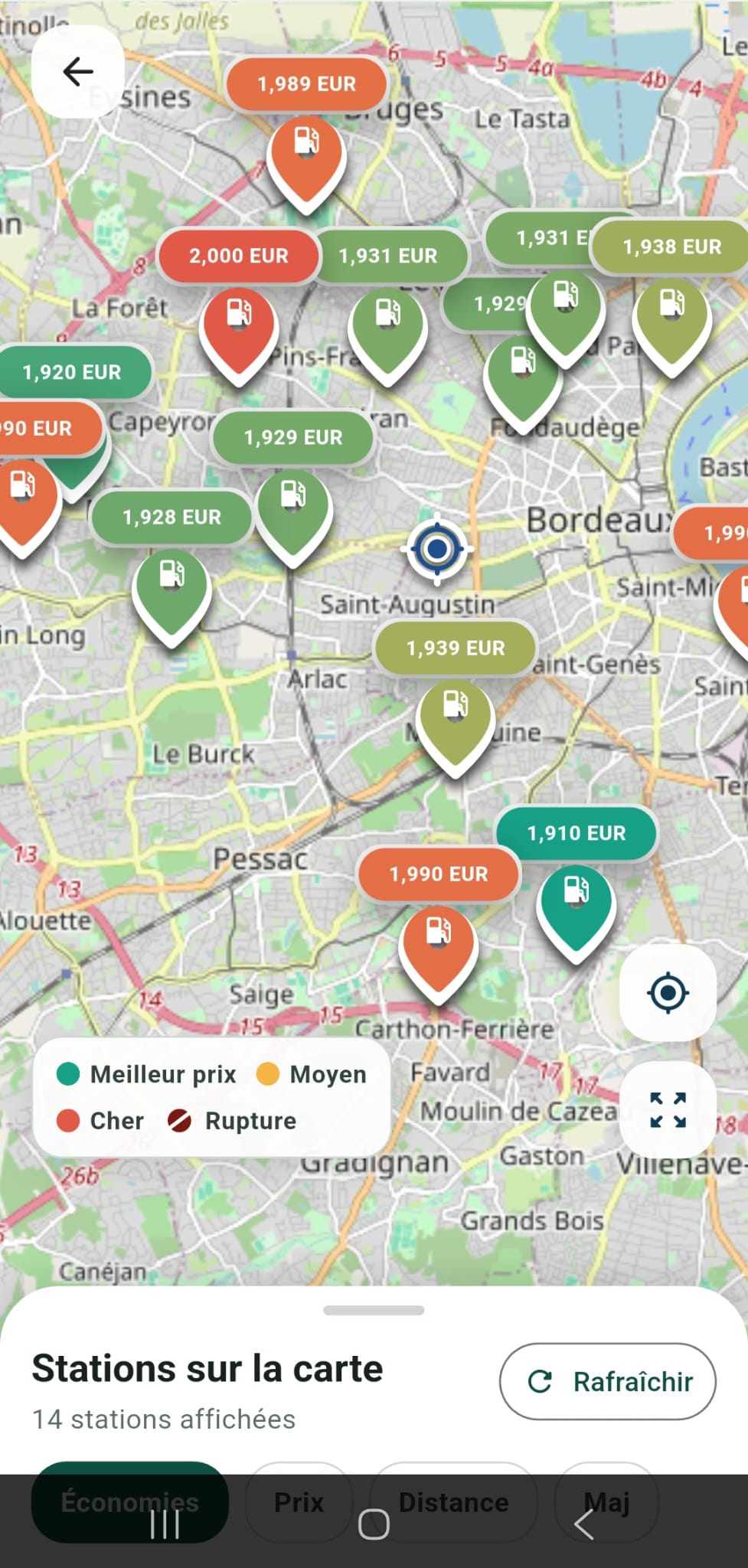 Carte des stations avec prix carburant et indicateurs de disponibilite