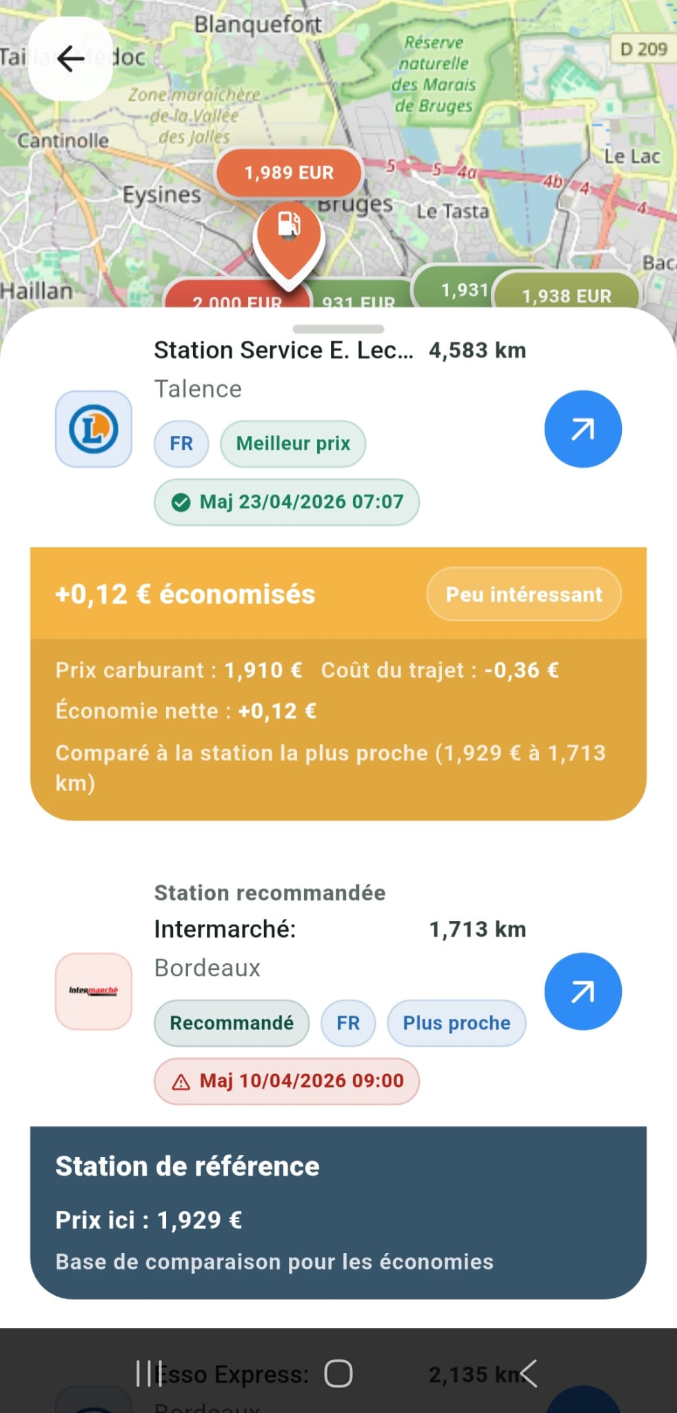 Fiche station avec economie estimee et station recommandee