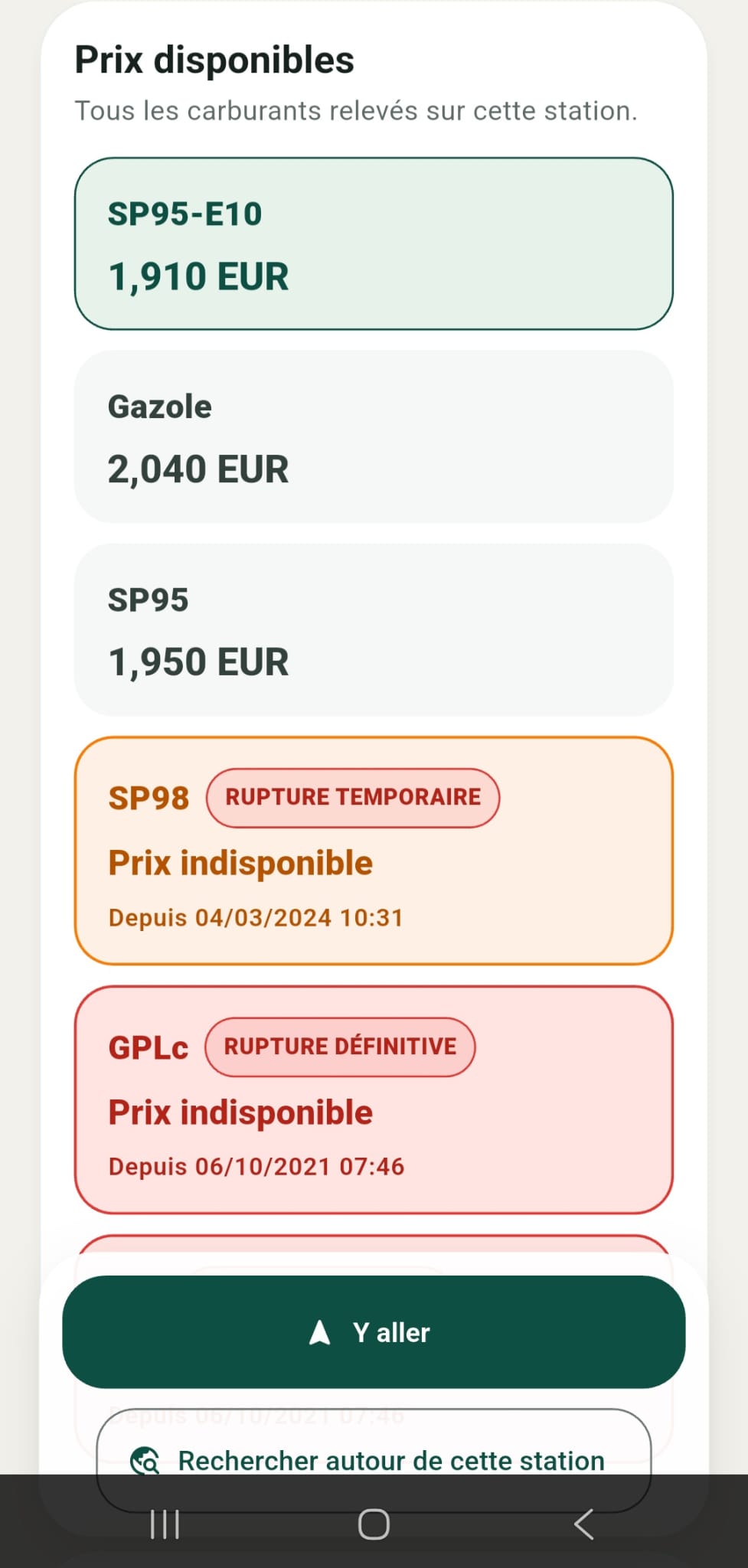 Prix disponibles par carburant pour une station