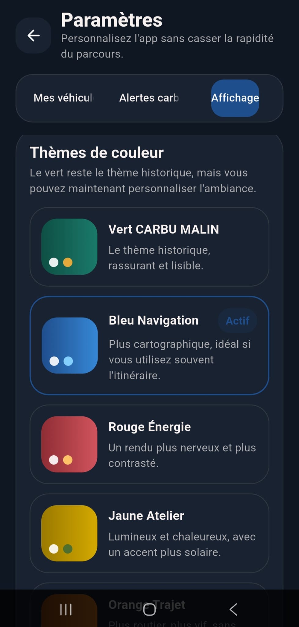 Parametres de personnalisation avec themes de couleur